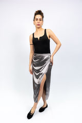 Silver Satin Wrap Midi Skirt