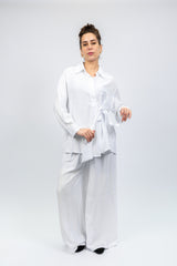 White Wrap Shirt & Wide-Leg Pants Set