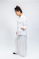 White Wrap Shirt & Wide-Leg Pants Set