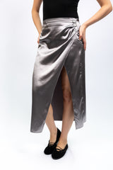 Silver Satin Wrap Midi Skirt