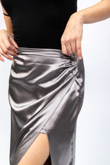 Silver Satin Wrap Midi Skirt