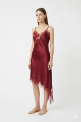 Burgundy Lace-Trim Satin Slip Dress