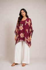 Burgundy Floral Chiffon Poncho