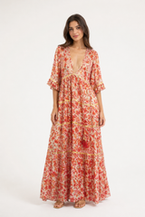 Gold-Trimmed Floral Tiered Maxi