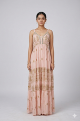 Golden-Embroidered Blush Maxi