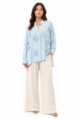 Sky Blue Floral Appliqué Shirt