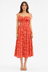 Red Gingham Floral Midi Dress