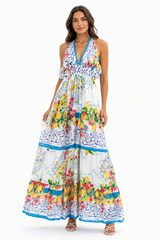 Mediterranean Lemon Halter Maxi Dress