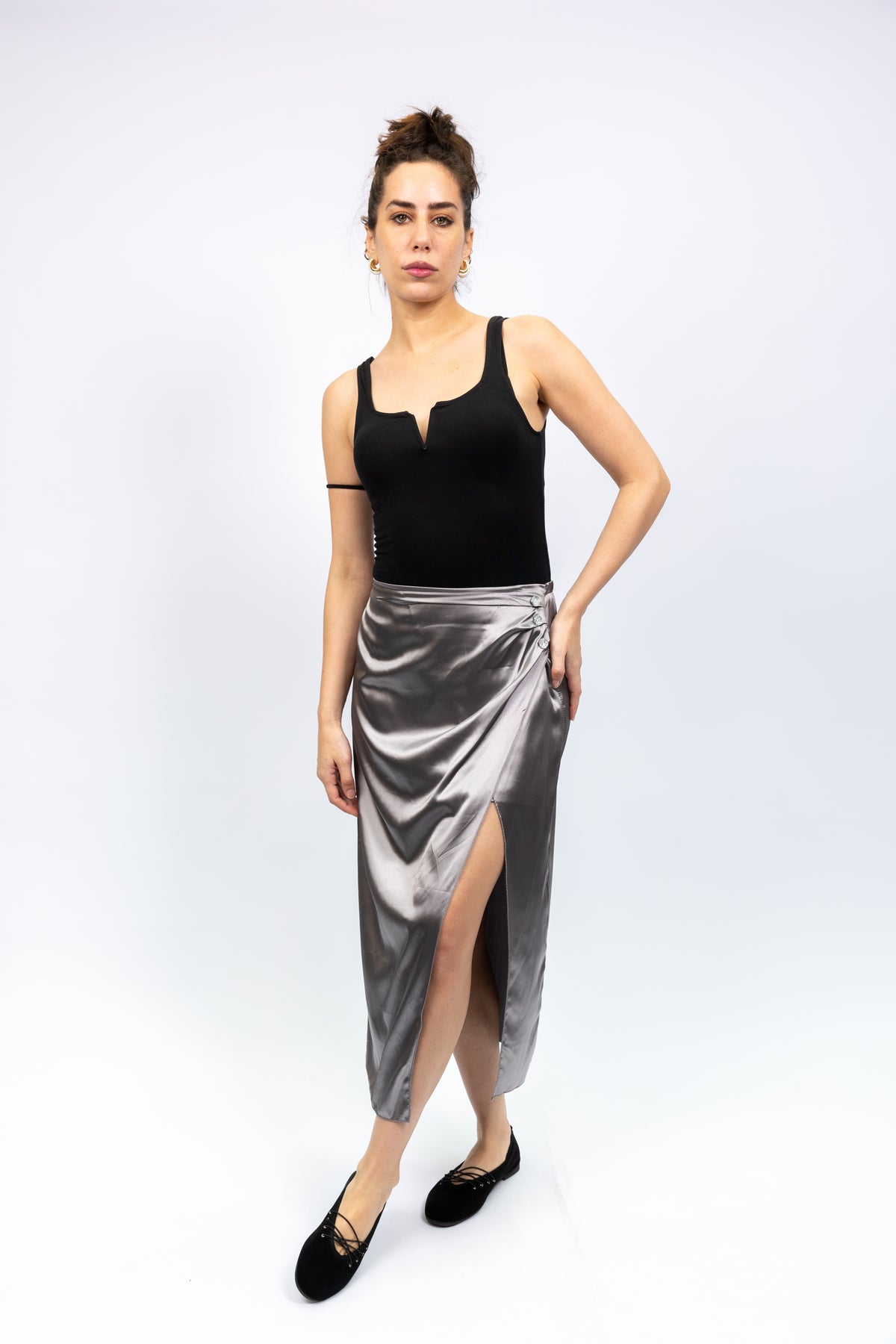 Silver Satin Wrap Midi Skirt
