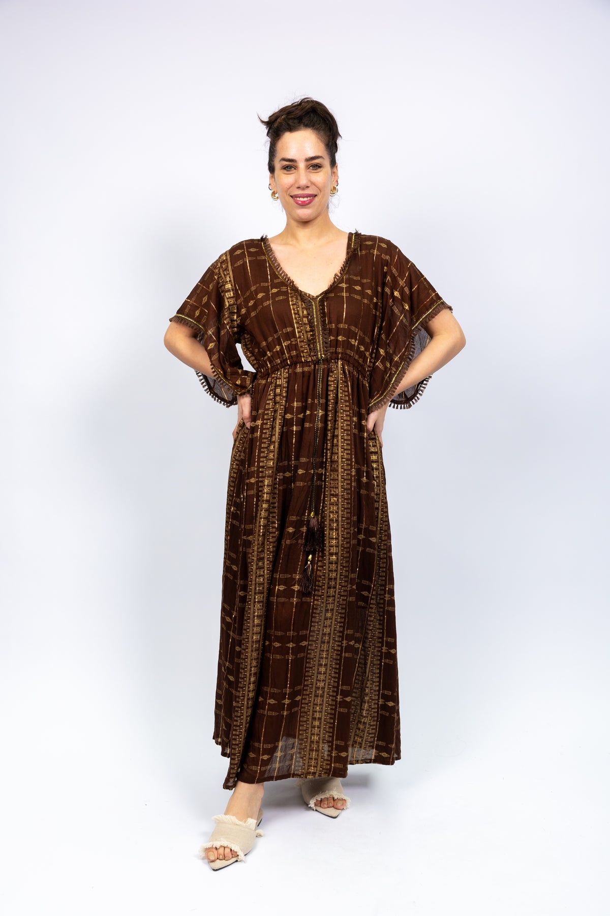 Chocolate Gold Tassel Kaftan Dress