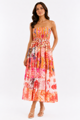 Coral Patchwork Strapless Maxi Dress
