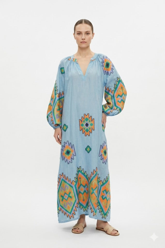 Azure Boho Embroidered Maxi