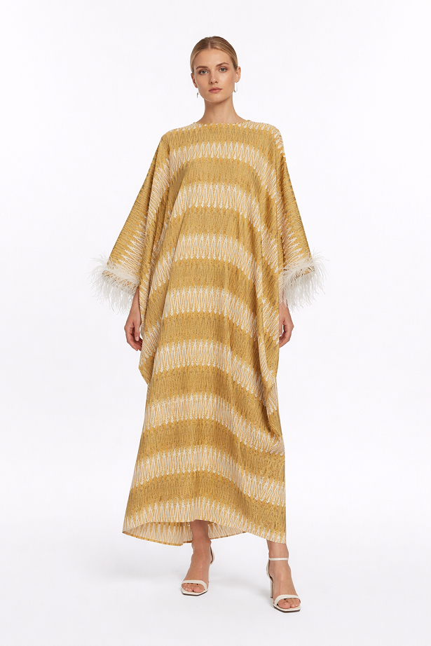 Feather-Trimmed Gold Kaftan