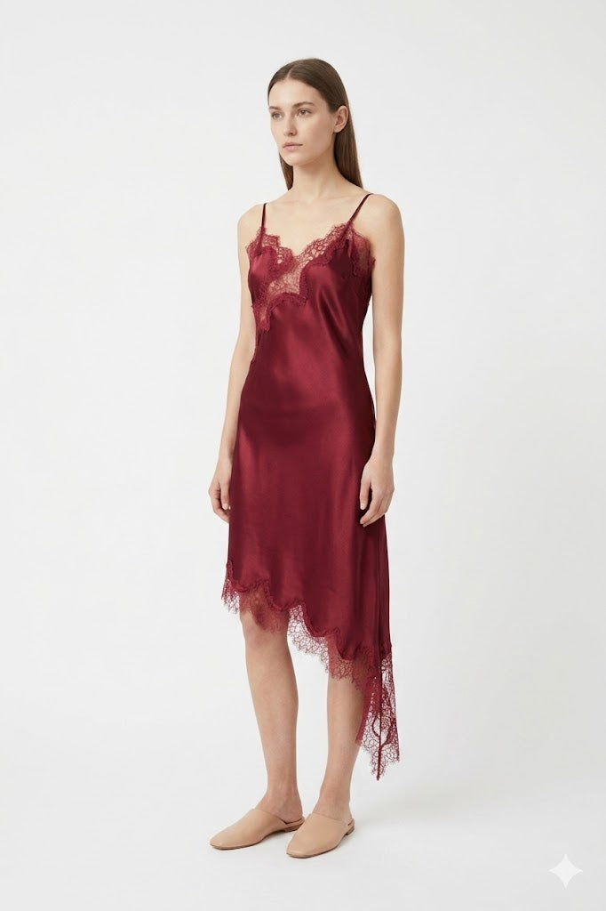 Burgundy Lace-Trim Satin Slip Dress