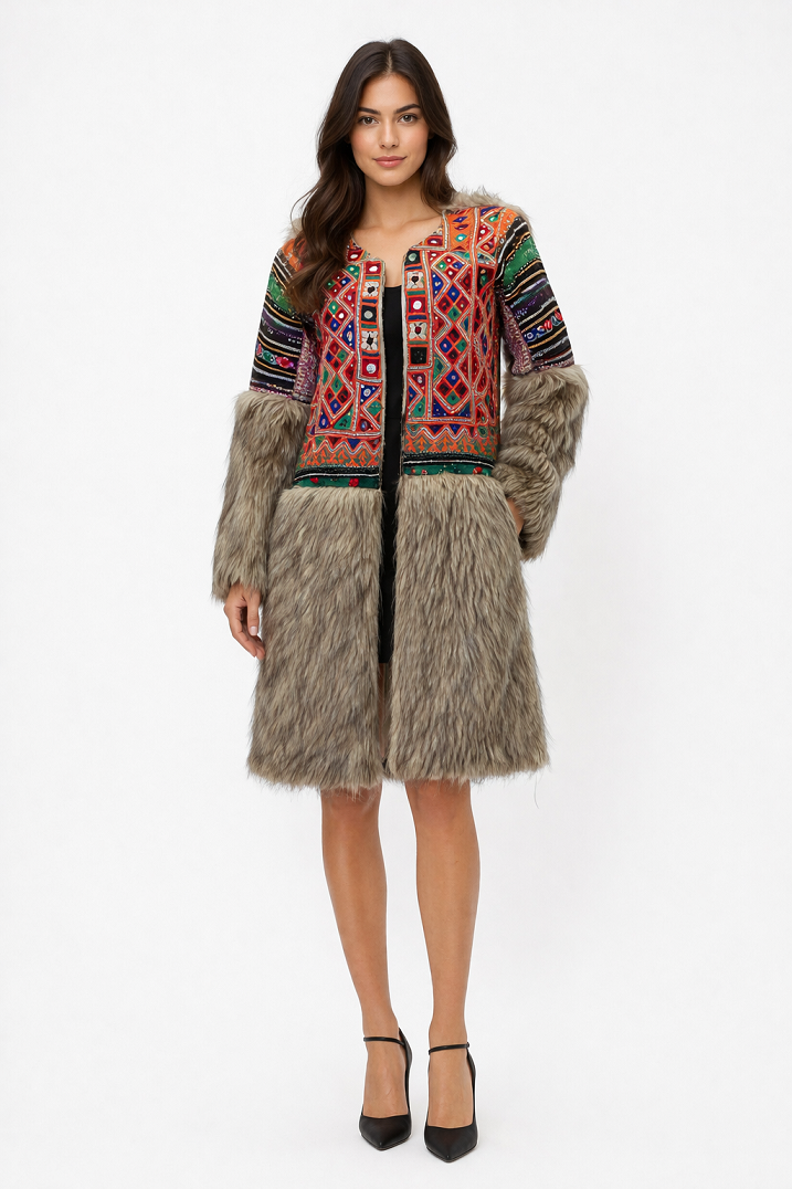 Embroidered Faux Fur Coat