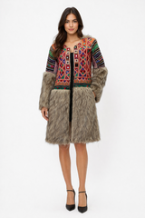 Embroidered Faux Fur Coat