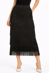 Black Fringe Tiered Midi Skirt