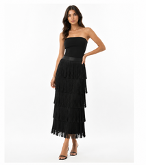 Black Fringe Tiered Midi Skirt