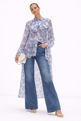 Sheer Floral Tie-Neck Shirt