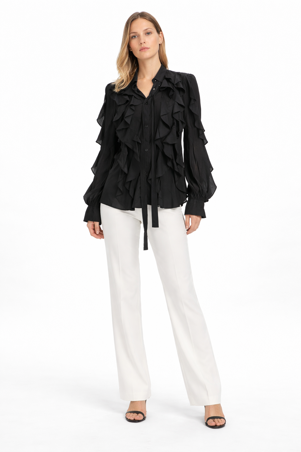 Noir Cascading Ruffle Blouse