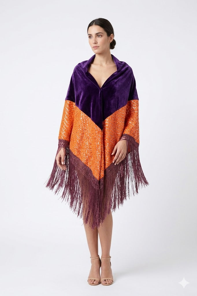 Velvet & Sequined Fringe Poncho