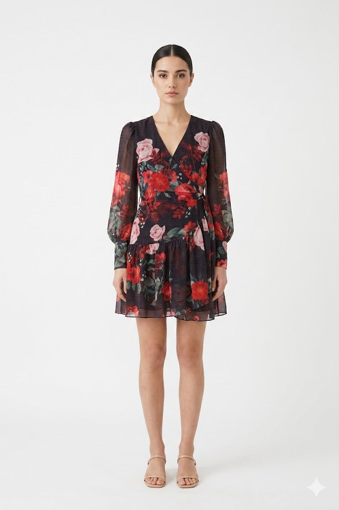 Romantic Floral Wrap Mini Dress
