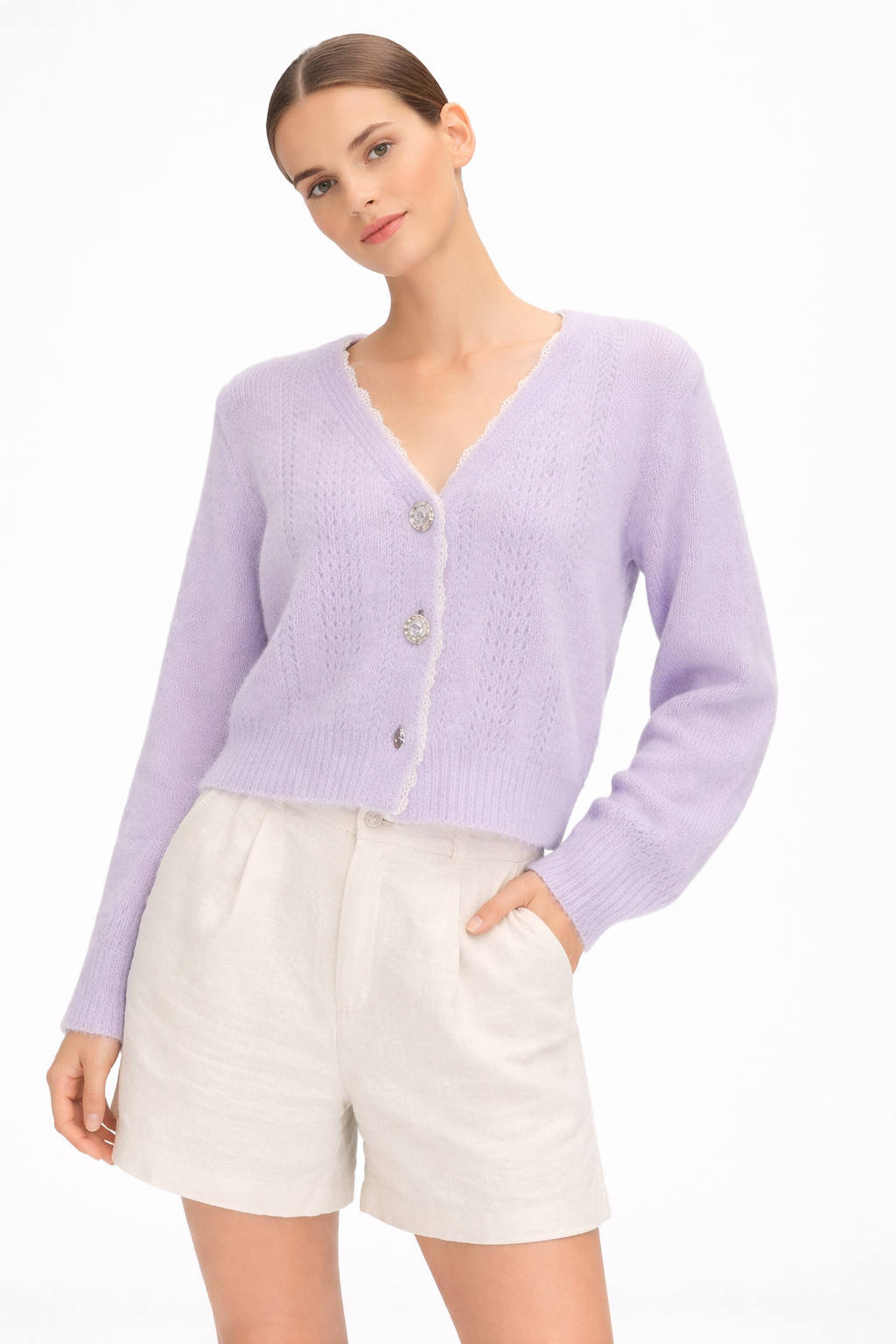 Scalloped Lace-Trim Mohair Cardigan