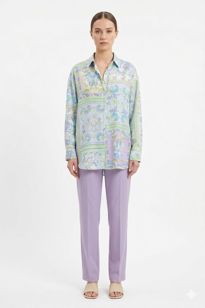 Pastel Scarf-Print Oversized Shirt