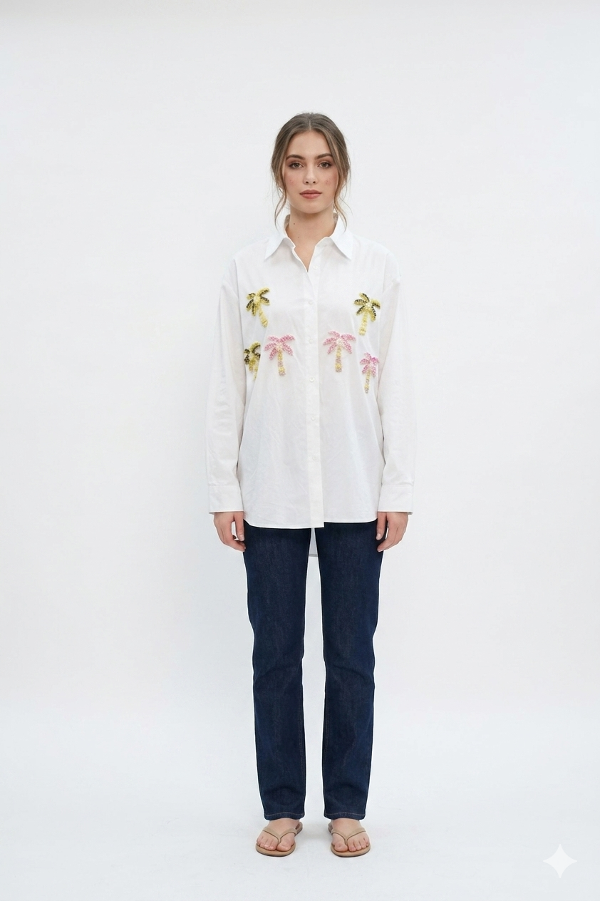Palm Tree Embellished White Shirt