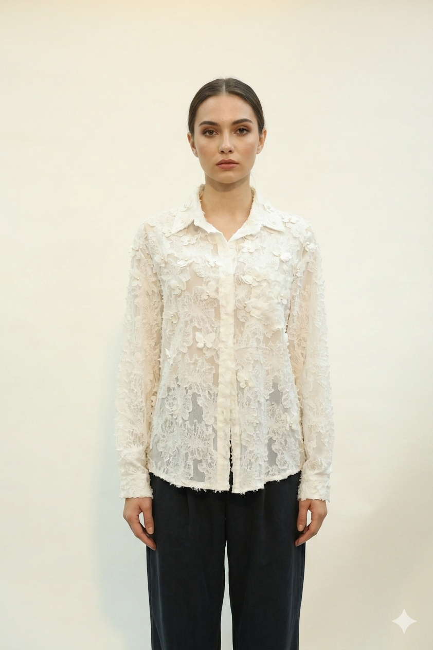 3D Floral Lace White Shirt