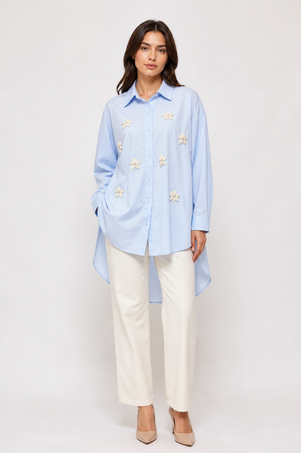 Floral Appliqué Sky Blue Shirt