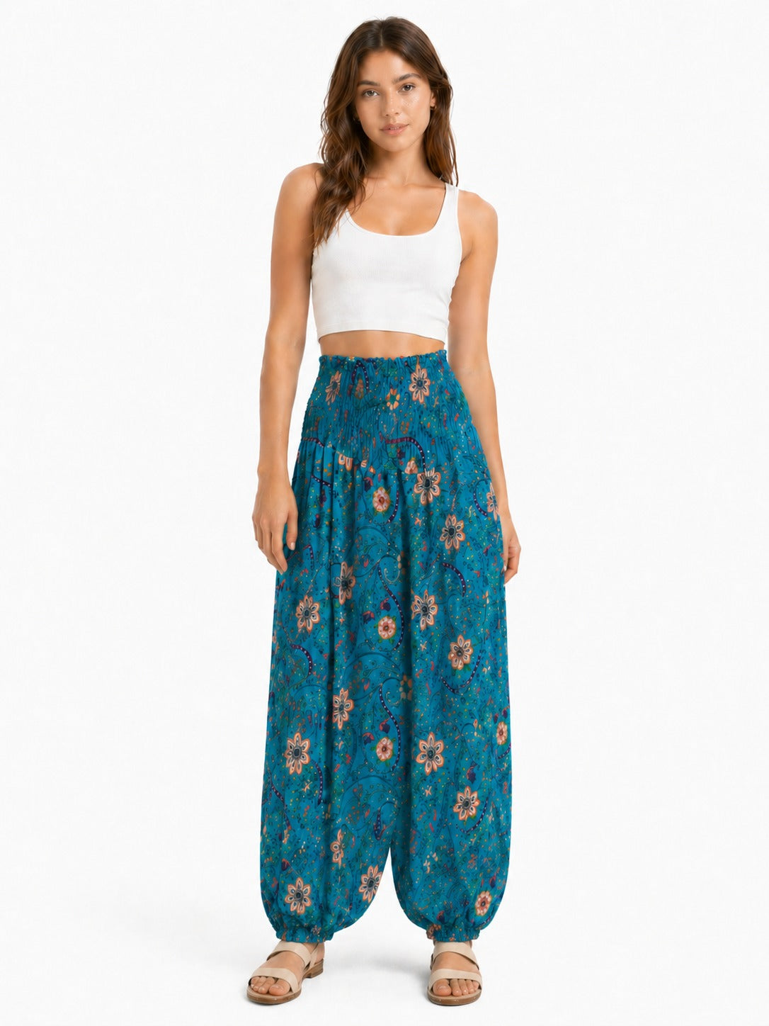 Smocked Floral Harem Pants