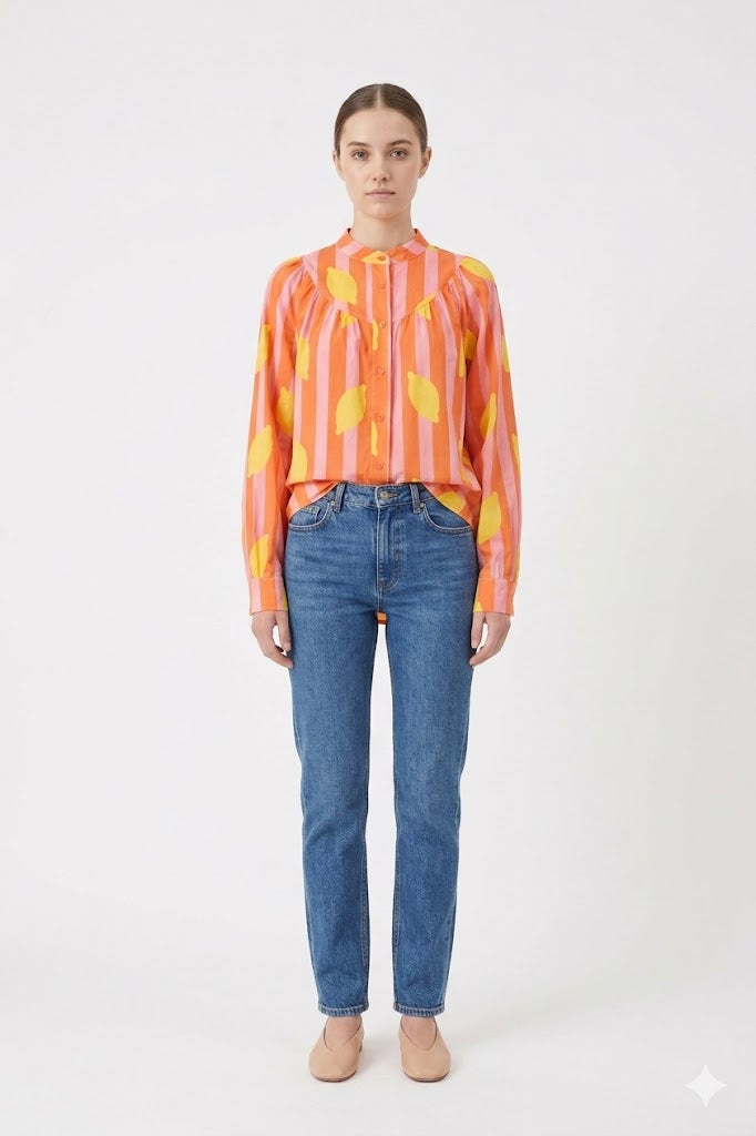 Lemon Print Striped Blouse