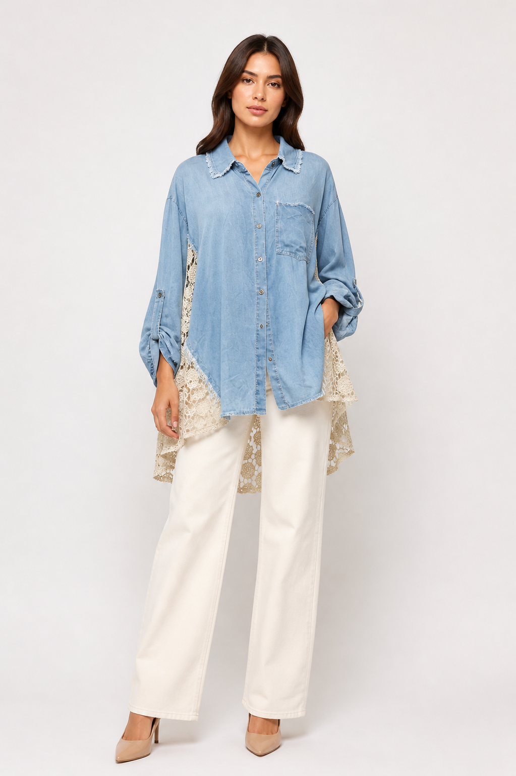 Lace-Trimmed Denim Oversized Shirt