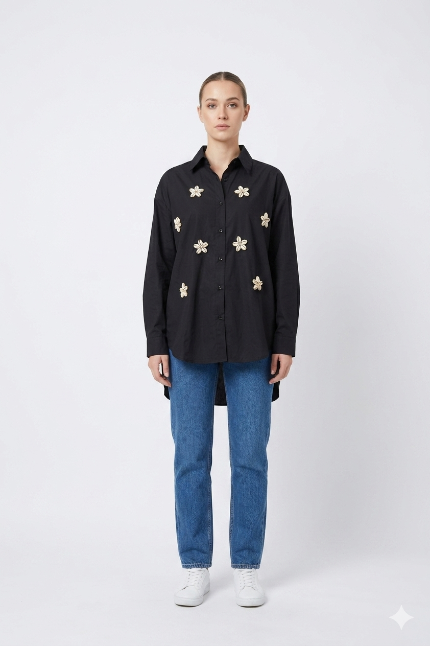 Floral Appliqué Black Shirt