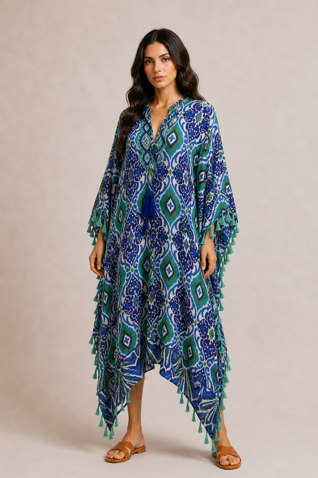 Ikat Print Tasseled Kaftan