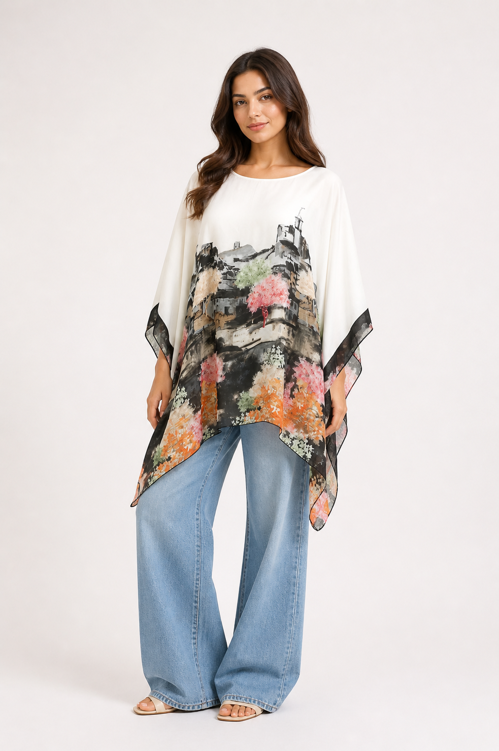 Artistic Landscape Print Poncho Blouse