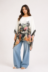 Artistic Landscape Print Poncho Blouse