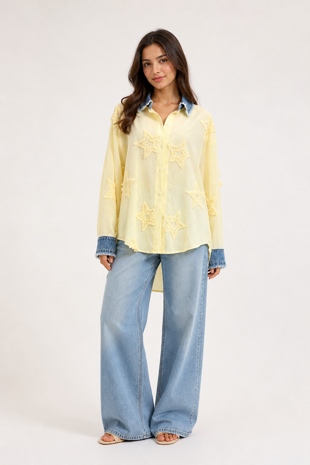 Star Appliqué Denim-Trim Shirt
