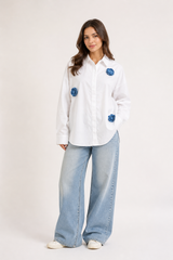 Blue Floral Appliqué White Shirt