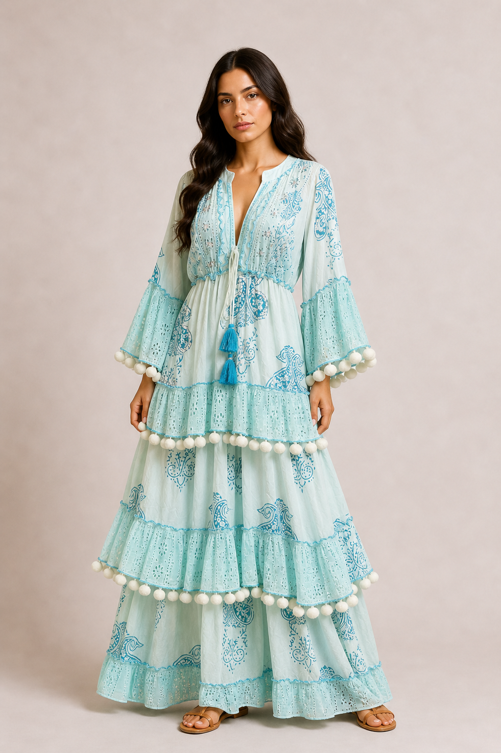 Pom-Pom Trim Tiered Maxi Dress