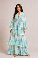 Pom-Pom Trim Tiered Maxi Dress