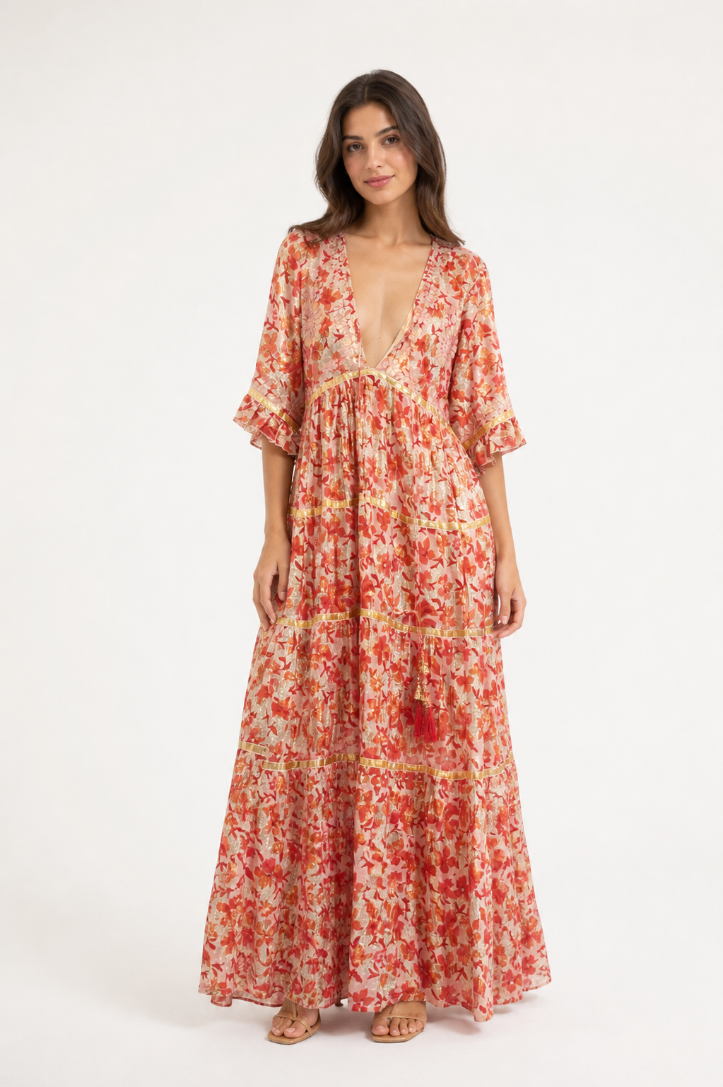 Gold-Trimmed Floral Tiered Maxi