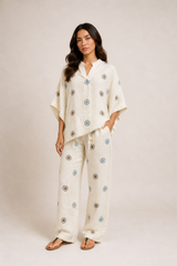 Embroidered Eye Motif Linen Set