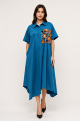 Teal Floral-Patch Shirt Dress