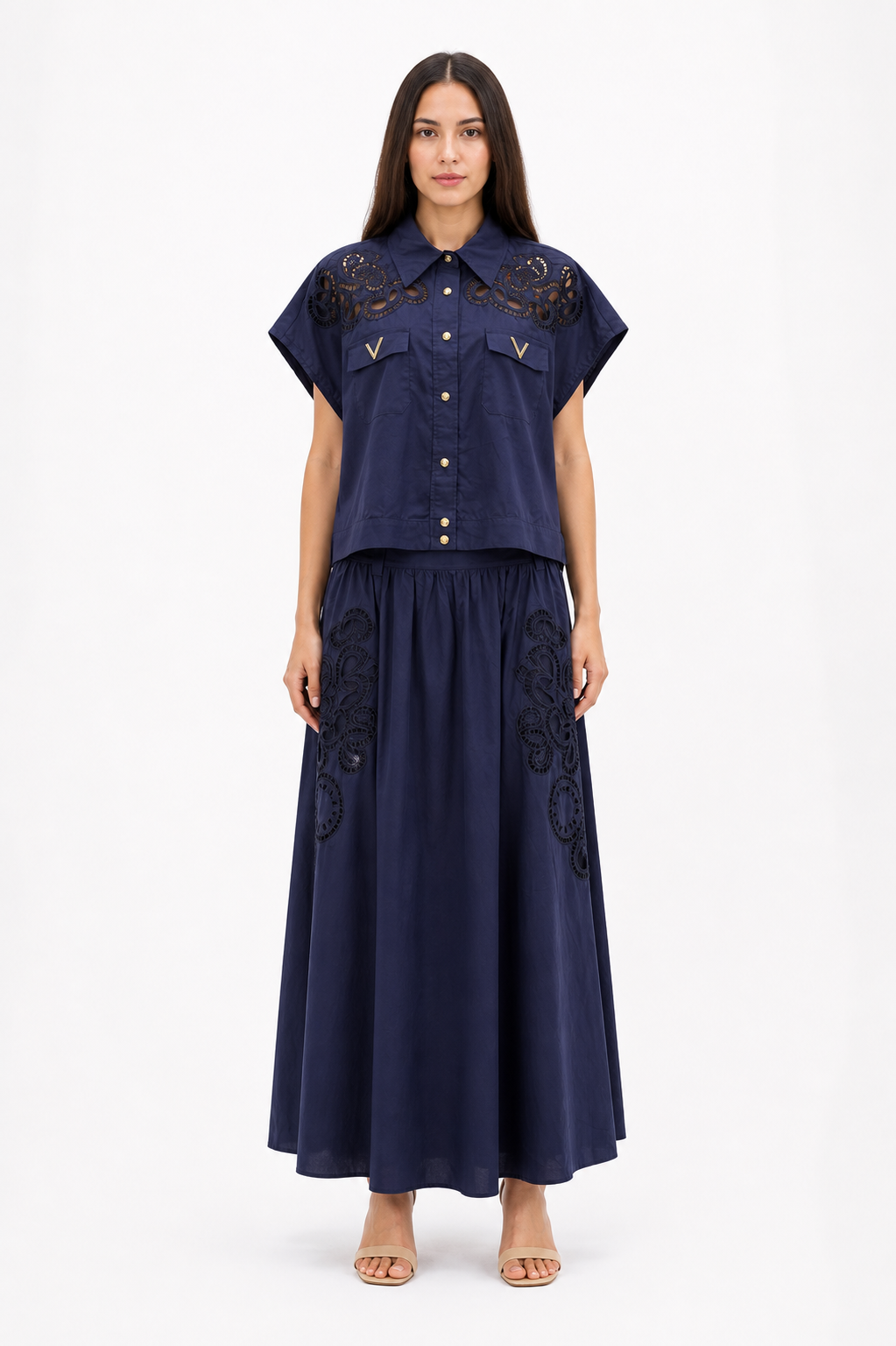 Navy Eyelet Skirt Set