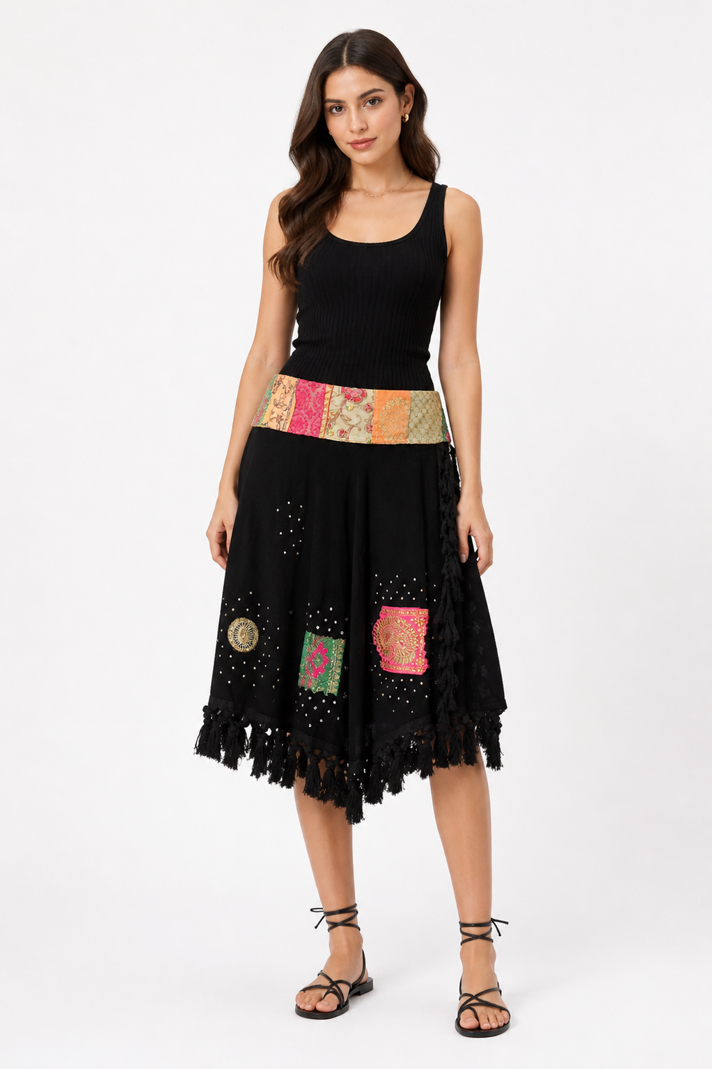 Boho Patchwork Midi Skirt