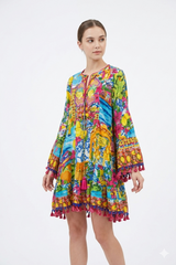 Vibrant Mediterranean Print Tassel Dress