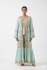 Elegant Gold-Embroidered Mint Abaya