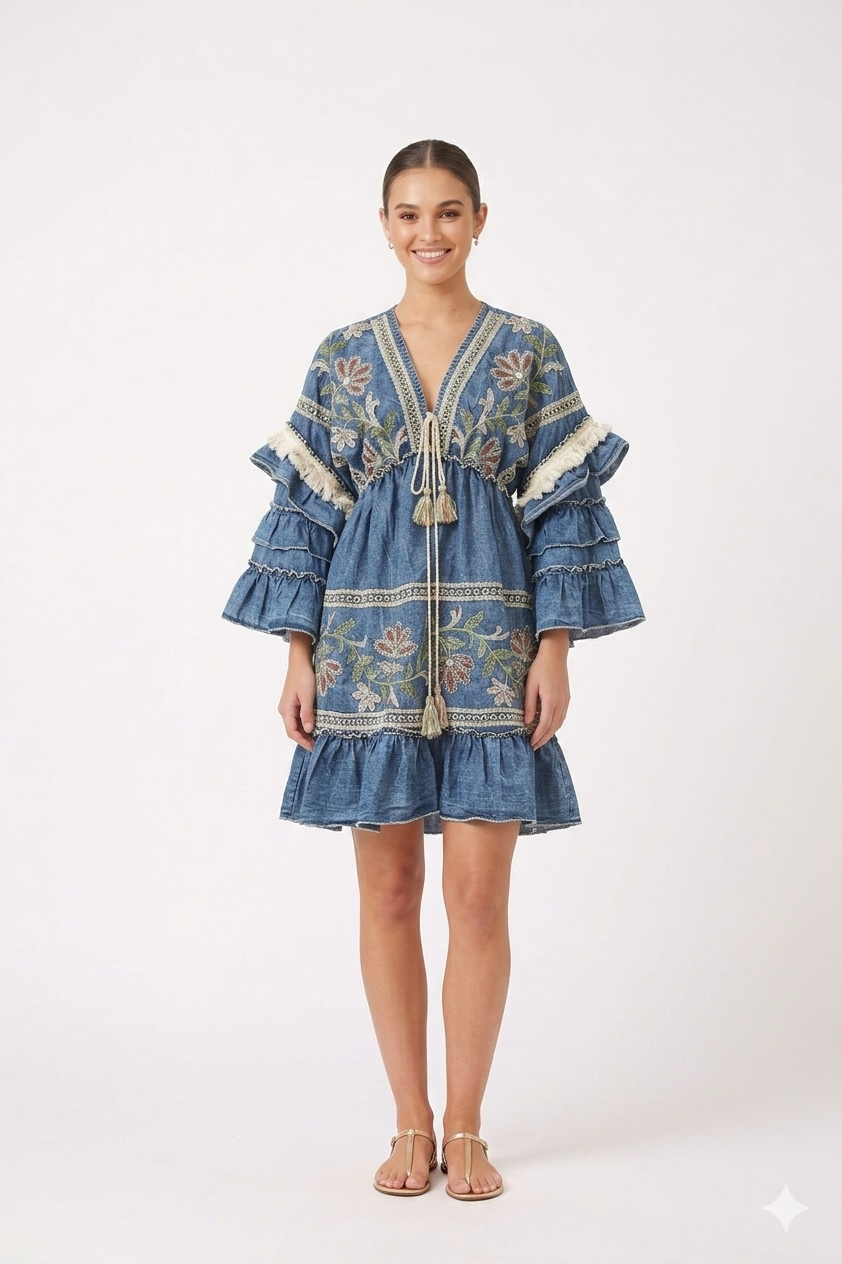 Embroidered Ruffle Denim Mini Dress